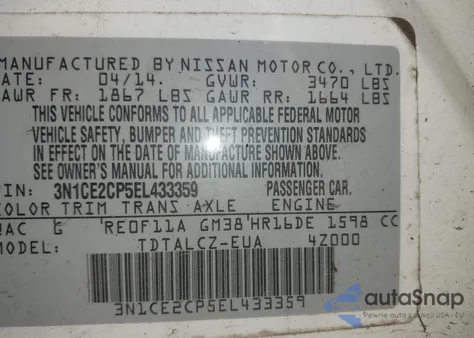 2014 Nissan Versa Note S Plus z USA, uszkodzony, nr VIN 3N1CE2CP5EL433359